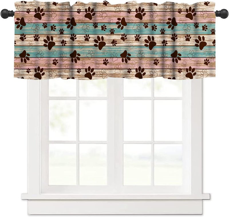 YSWOW Dog Paw Print Valance Curtain for Teens Kids Bedroom Decor Rustic Wood Board Puppy Paws Art Printed Window Drapes Decor W54xL18in Fabric 1 Panel - Image 1